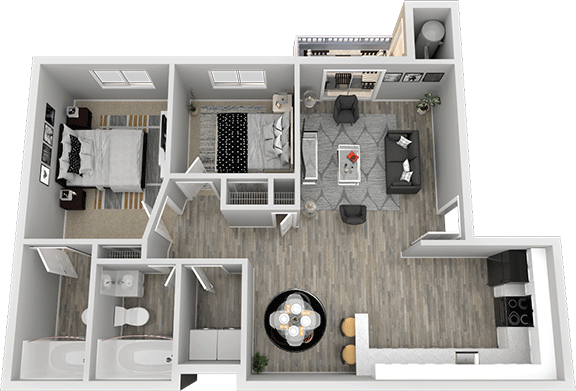 Floor plan for 2 beds, 2 baths, 900 sqft
